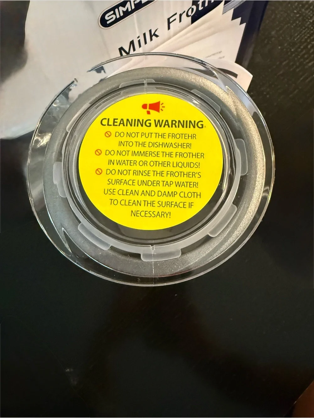 Simple Electric Milk Frother Lid with Yellow Warning Label